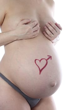 Details of a belly during pregnancy with text isolated on white background.