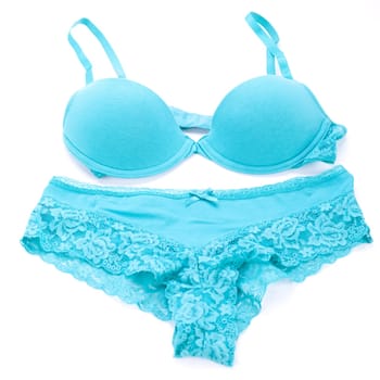 Underwear set with bra Brassiere and panties Underpants in turquoise close-up on white background