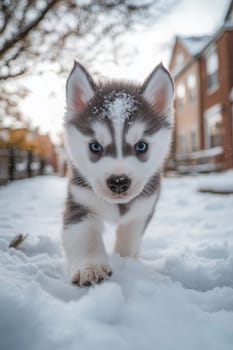 Siberian Husky puppy jumping and running in the snow in a winter field, Generative AI, animals