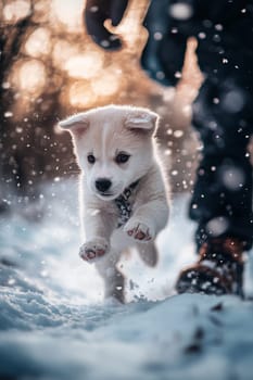 Siberian Husky puppy jumping and running in the snow in a winter field, Generative AI, animals