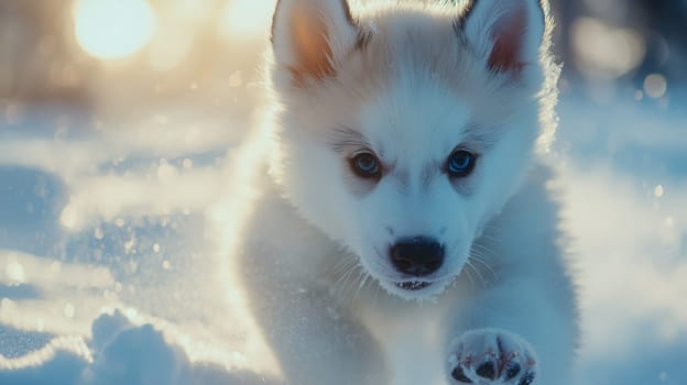 Siberian Husky puppy jumping and running in the snow in a winter field, Generative AI, animals