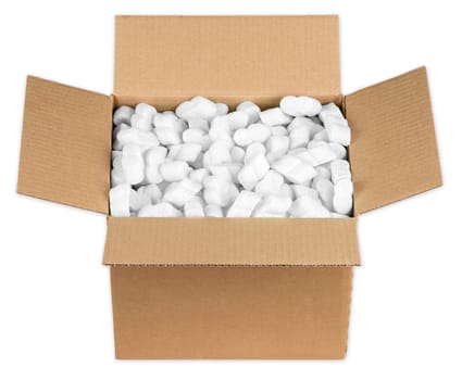 Open package with polystyrene flakes