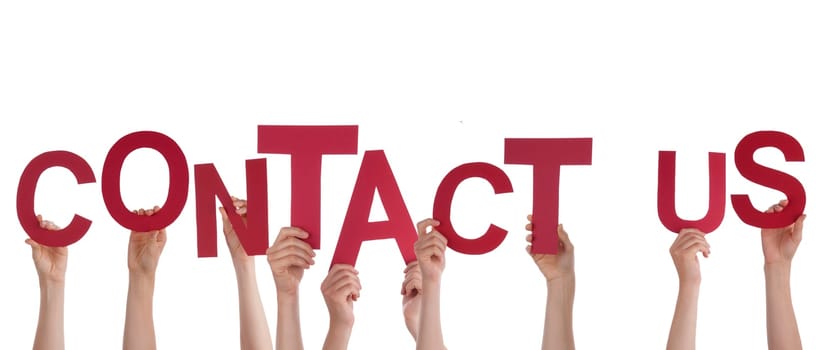 Many Hands Holding the Red Words Contact Us, Isolated