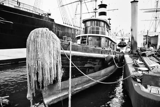 Old fishing boat in New York Docks, Black and white shot