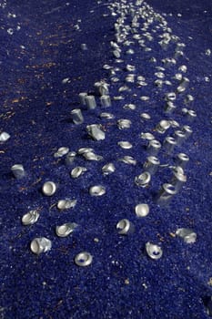 Artwork made of blue glass and beverage cans