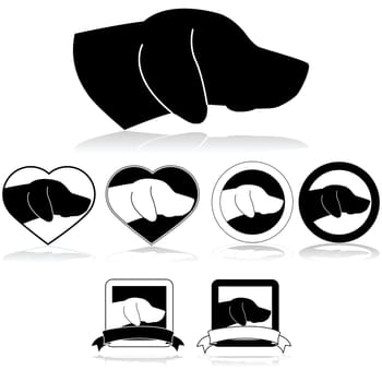 Set of icons showing a dog head inside different sign shapes