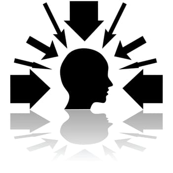 Concept illustration showing a human head with arrows pointing its way from different directions