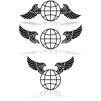 Concept illustration showing a world globe with wings beside it in different angles and positions