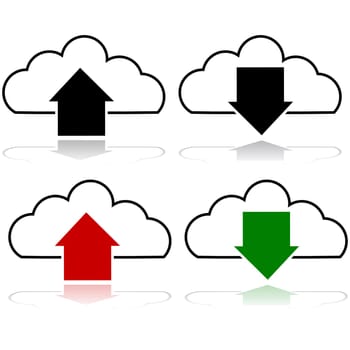 Icon set showing the upload and download process from a cloud server