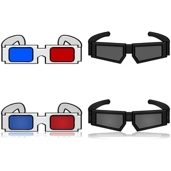Cartoon illustration showing old and new versions of 3D glasses