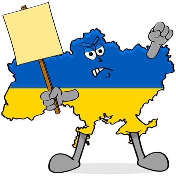 Concept cartoon illustration showing an angry map of Ukraine dressed in the country's colors and carrying a protest sign