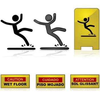 Signs showing a man falling on a wet floor and warning labels in English, Spanish and French