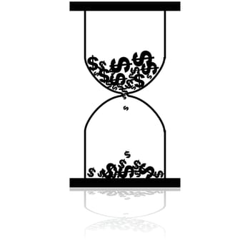 Concept illustration showing an hourglass with dollar icons flowing from the top to the bottom part of it like sand