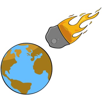 Cartoon illustration showing a speeding asteroid en route to a collision with Earth