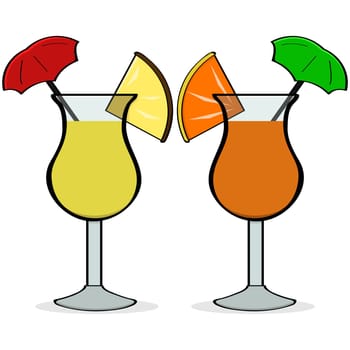 Cartoon illustration showing a pair of fancy drinks with little umbrellas and fruit in them