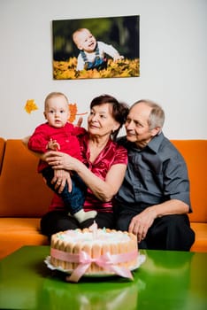 Grandparents with their small grandchild celebrating first birthday at home