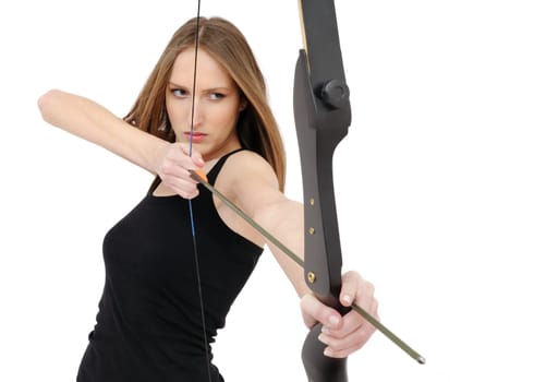Beautiful woman aiming with bow and arrow