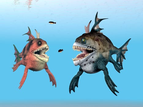 Computer-generated 3D illustration with two sea monsters