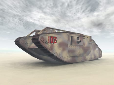 Computer-generated 3D illustration with a British tank from the First World War