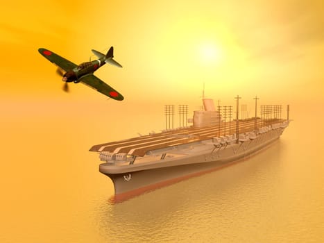 Computer-generated 3D illustration with a Japanese fighter-bomber and a Japanese aircraft carrier from World War II