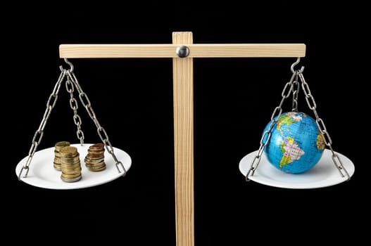 Globe Planet Earth and Money on a Two Pan Balance