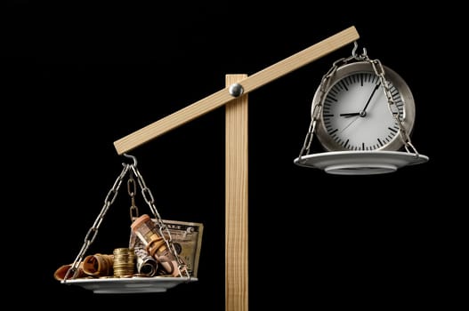Time is Money Concept Clock and Currency on a Two Pan Balance