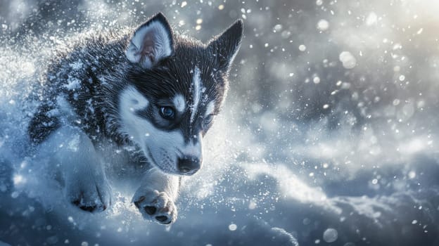 Siberian Husky puppy jumping and running in the snow in a winter field, Generative AI, animals