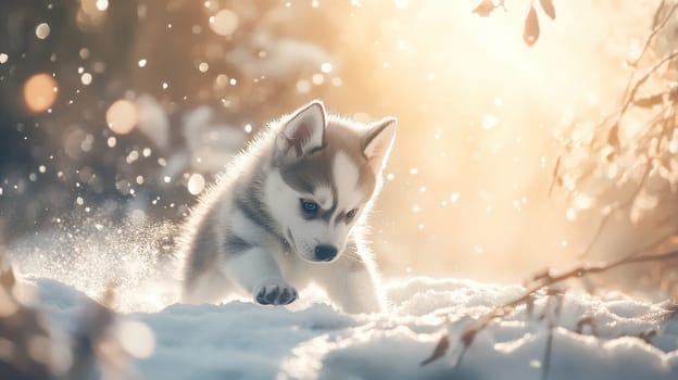 Siberian Husky puppy jumping and running in the snow in a winter field, Generative AI, animals