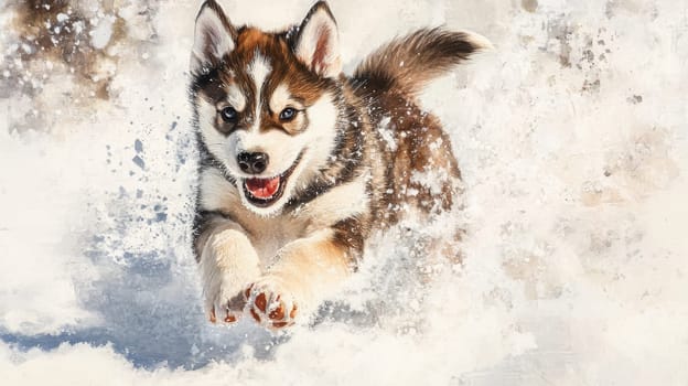 Siberian Husky puppy jumping and running in the snow in a winter field, Generative AI, animals