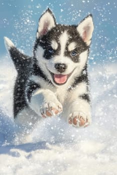 Siberian Husky puppy jumping and running in the snow in a winter field, Generative AI, animals