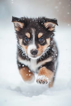 Siberian Husky puppy jumping and running in the snow in a winter field, Generative AI, animals