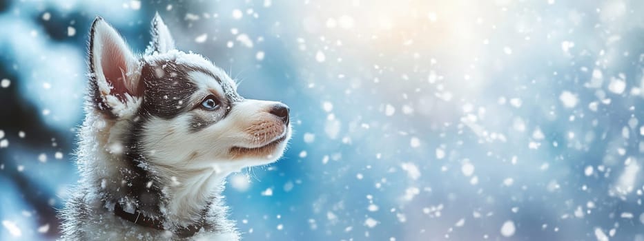 Siberian Husky puppy jumping and running in the snow in a winter field, Generative AI, animals