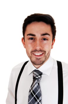 A closeup picture of a young man in a white shirt and black suspender.smiling for white background..