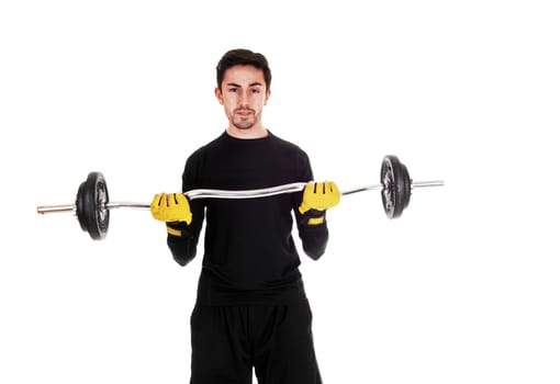 A young man in exercise outfit lifting weight for white background..