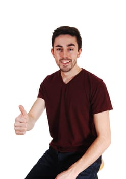 A handsome good looking man in a t-shirt, pointing his finger ahead,.for white background..