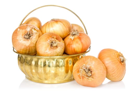 Onion fruits in the golden pot. Isolated on white background.