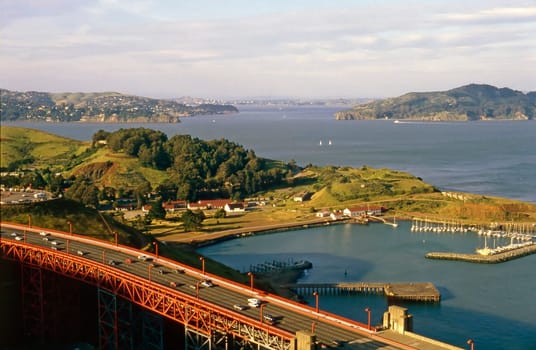 Sausalito with harbor and Golden Gate Bridge