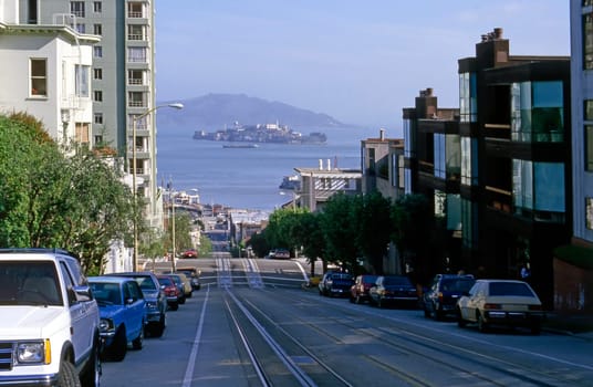 Street in San Francisco with view of Alcatraz