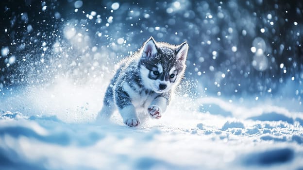 Siberian Husky puppy jumping and running in the snow in a winter field, Generative AI, animals