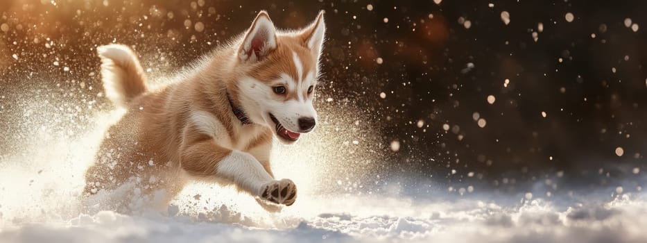 Siberian Husky puppy jumping and running in the snow in a winter field, Generative AI, animals