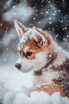 Siberian Husky puppy jumping and running in the snow in a winter field, Generative AI, animals