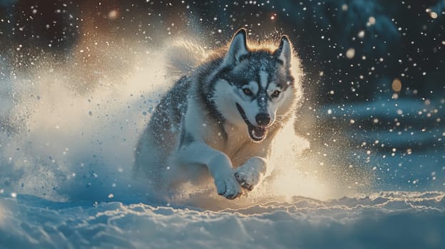 Siberian Husky puppy jumping and running in the snow in a winter field, Generative AI, animals