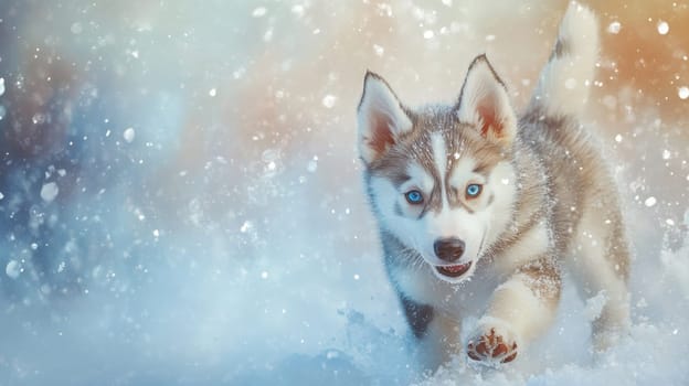 Siberian Husky puppy jumping and running in the snow in a winter field, Generative AI, animals