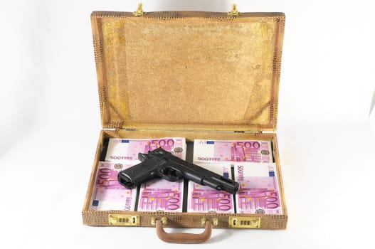 One Suitcase Full of Pink 500 Euros Banknotes and a Gun