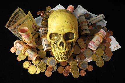 Death Money Concept Skull and Currency over a Black Background