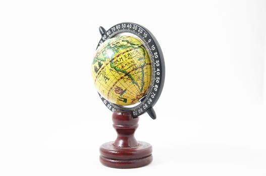 Vintage Wooden Old Globe Earth on a White Background
