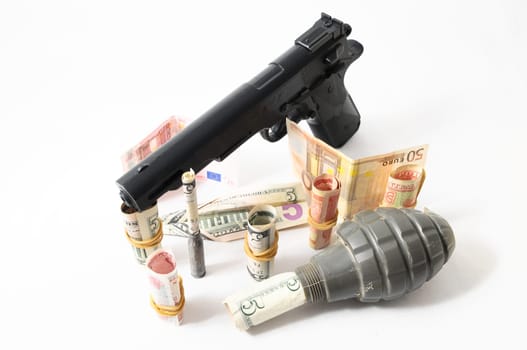 Currency Concept Weapons and Money on a White Background