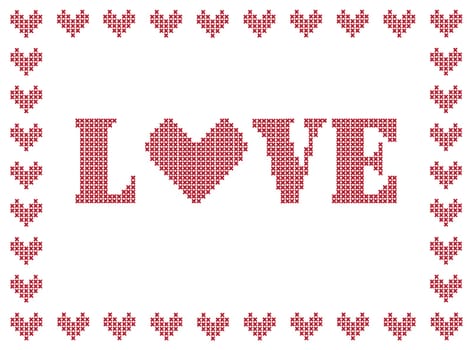 Cross-stick design with love with hearts, red on white