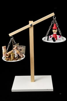 Liar Concept Pinocchio and Money on a Two Pan Balance