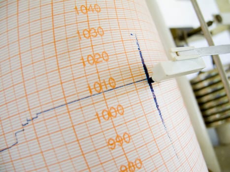 Close-up of a weather writer with blue felt-tip pen on chart paper and mechanical rods